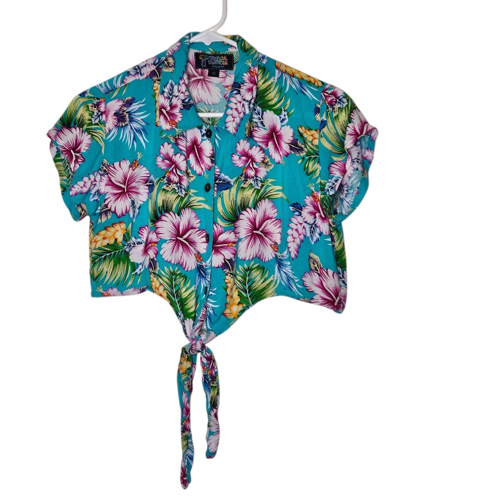 Tropical Tantrum Hawaii Floral Tie Front Crop Top‎ Hawaiian Aloha XS Vacation
